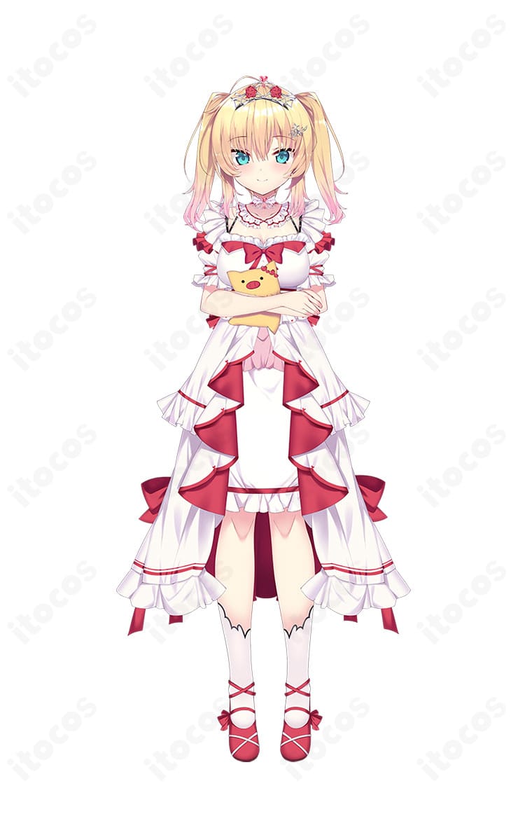 赤井はあと ドレス衣装一式の正面全身イメージ。つけ襟・靴下を含むセット内容と高コントラストな配色が分かる商品人物画像