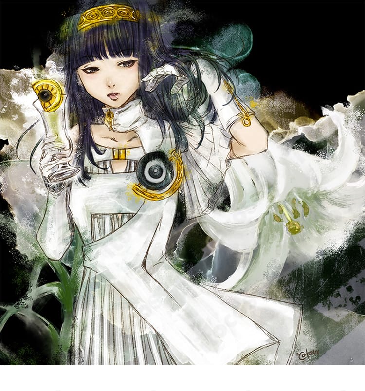 夕里子 ドレス前面装飾のクローズアップ。胸元からウエストの切り替えと装飾配置を明瞭に表現