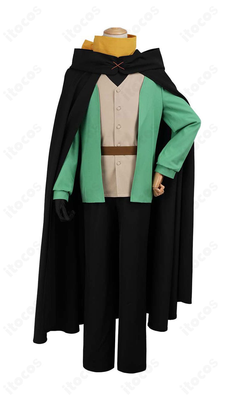 ナツキ・スバル衣装の正面全体図。マント付コートとベスト、スヌードのシルエットが分かる画像