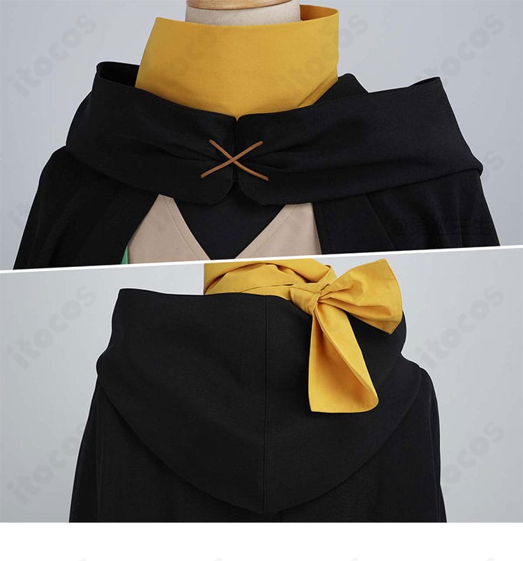 マント襟元ディテール。スヌードとの重なりと留め位置、縫製ステッチが分かるクローズアップ