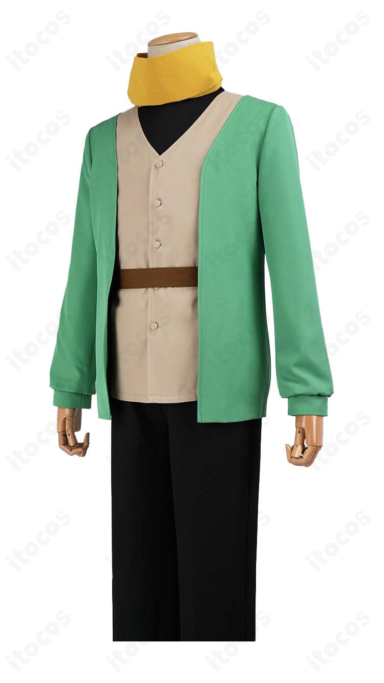 緑のコート前身頃ディテール。生地のハリ感、ボタン、ポケットまわりの縫製を示すクローズアップ