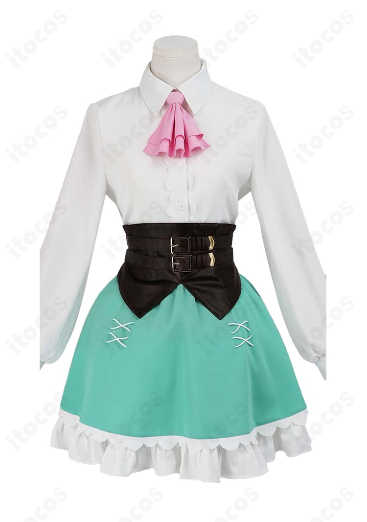 シャツとスカートの正面ディテール。ウエスト周りのコルセットベルトとフレアの広がりを確認。