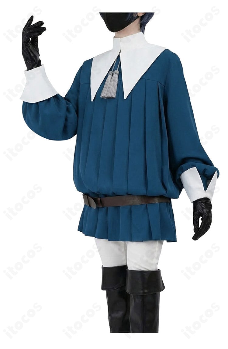 黒執事 シエル常服コスの左側ディテール。襟元の首飾り、肩のカッティング、トリム配色の精度を示すアップ。