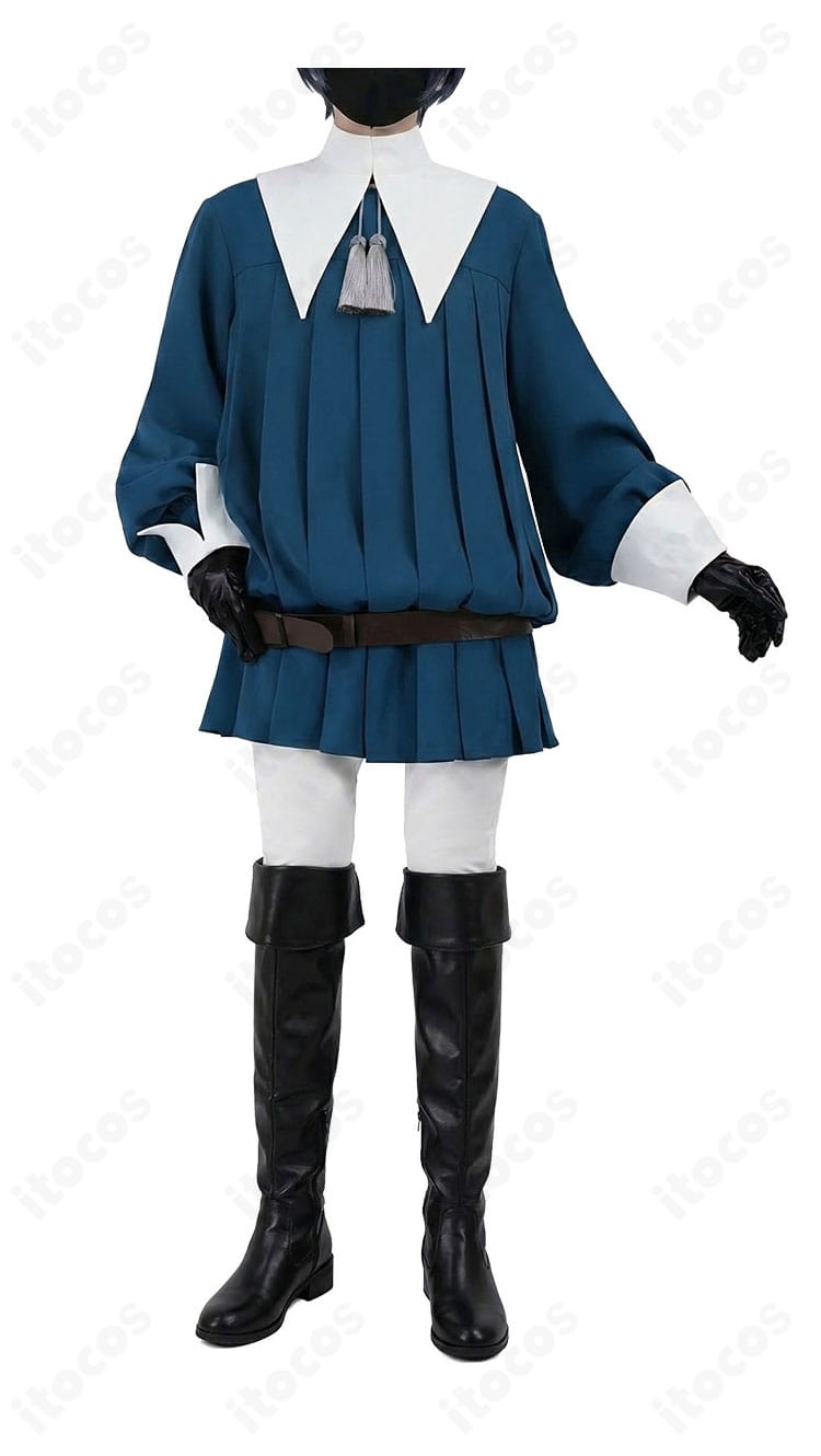 黒執事 シエル・ファントムハイヴ 常服コスプレの正面全体。ブルーのプリーツワンピースに付け襟・眼帯・ベルト・手袋を合わせた完成コーデ。