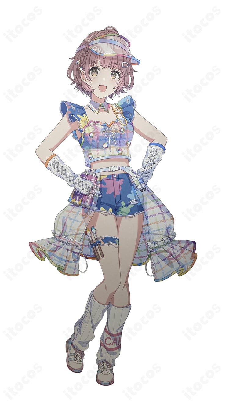 郁田はるき アンフィニィキャンバス 高再現アイドル衣装の正面全体カット｜トップスとオーバースカート、サンバイザーの配色が分かる画像
