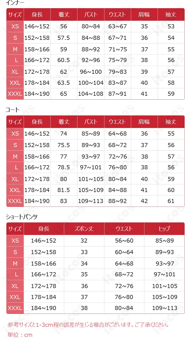 キャロライン・イングロット衣装のサイズ表と採寸ガイド