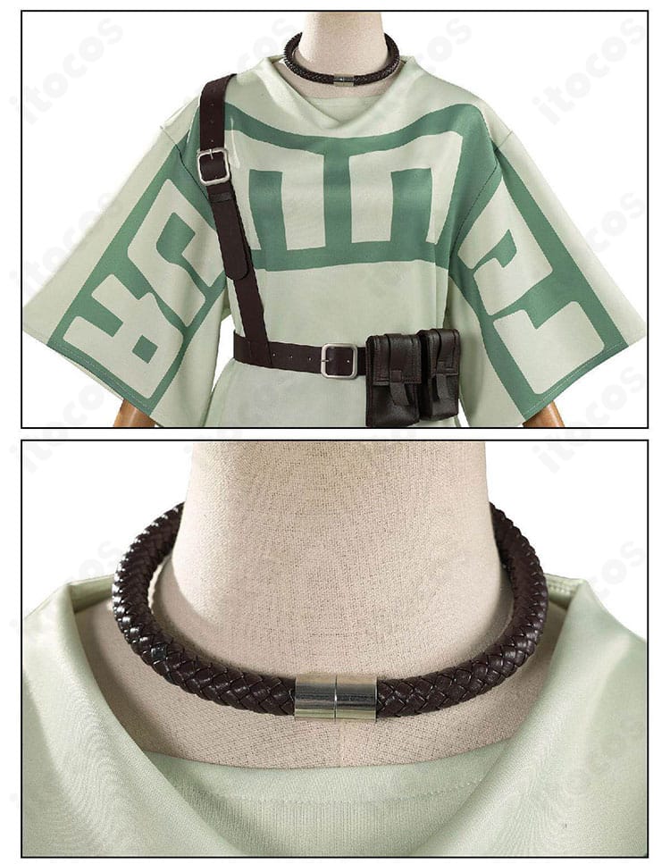 チョーカーと襟元の装飾ディテール。質感と縫製を近接で示すアップ