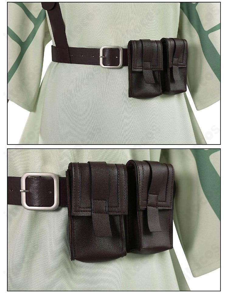 ウエストポーチと腰周りのディテール。ベルトの取り付けとサイズ調整部を強調