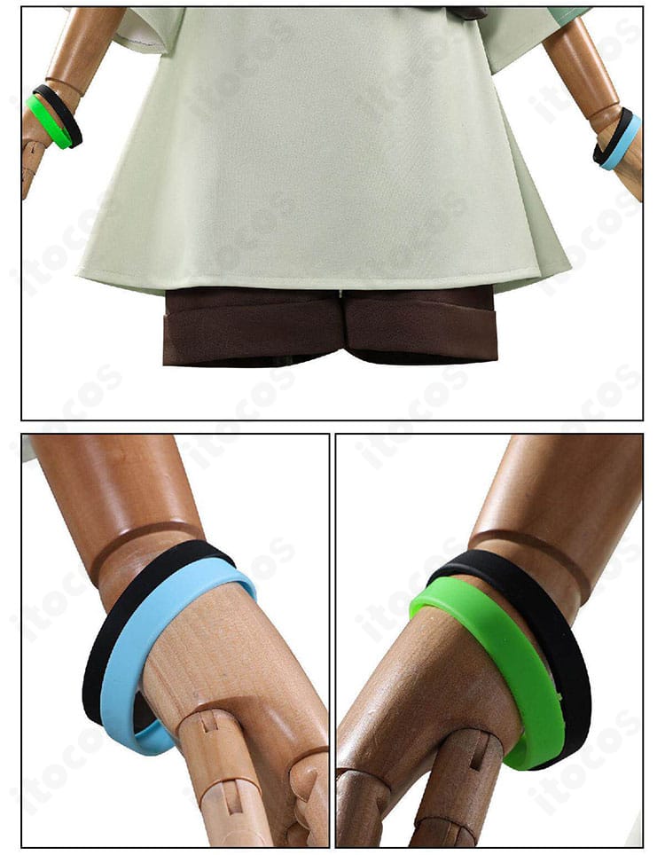 手首飾りの素材感と装着イメージ。留め具の仕様を示す近接画像