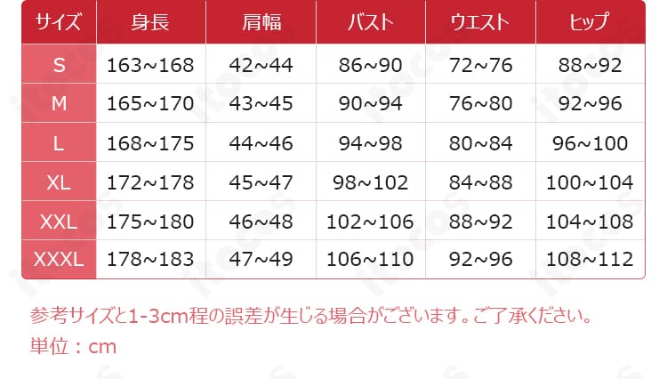 サイズ展開XS〜XXXLの寸法ガイドと計測ポイント表示