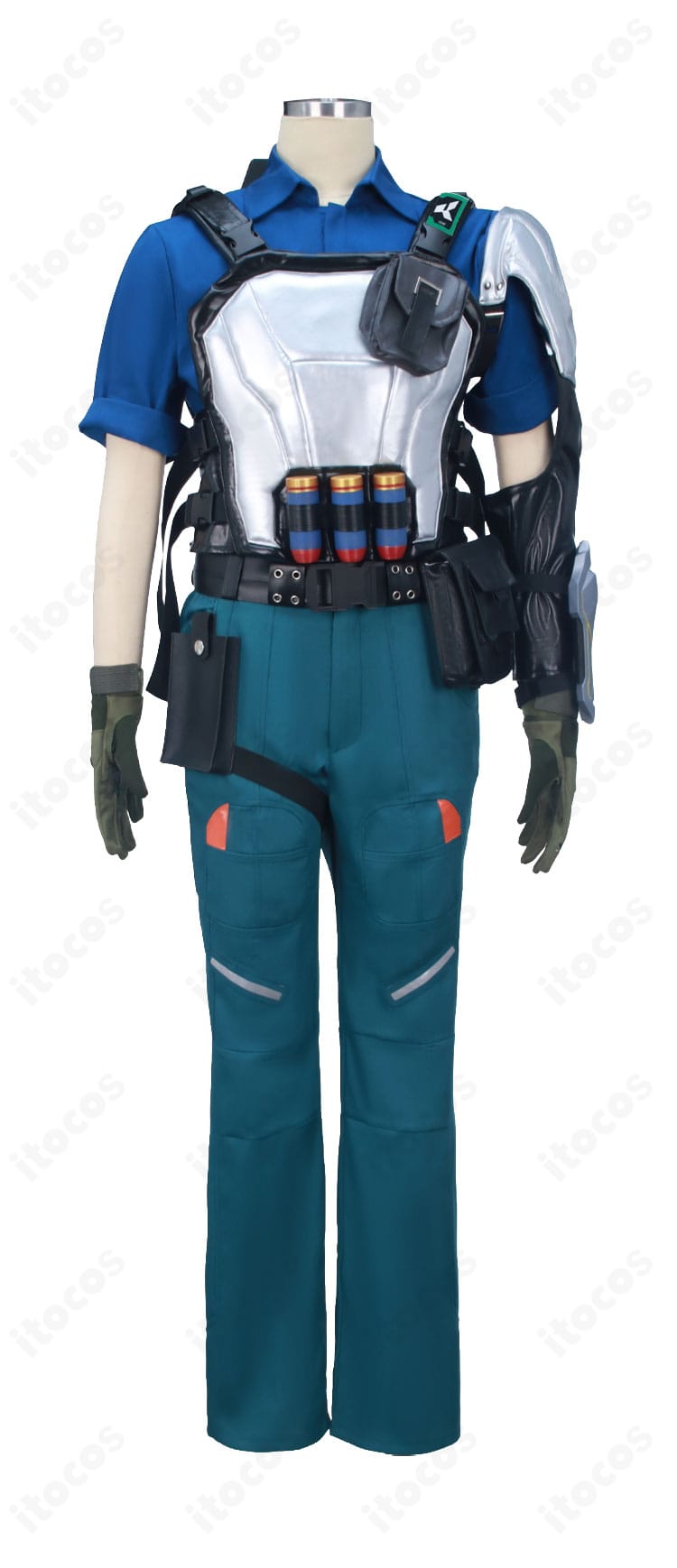 ブリムストーン衣装の正面全体。ベスト・キャップ・ベルト・ポーチの配置