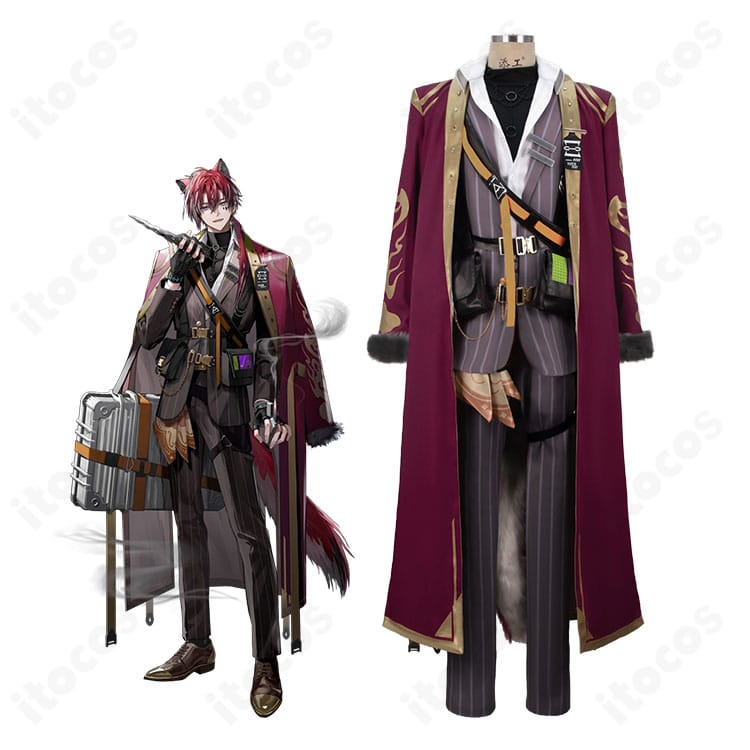 アークナイツ ベッローネのキャラクター着用イメージ。耳飾りと尻尾を備えたクールなスーツ×マントのコスプレ衣装。