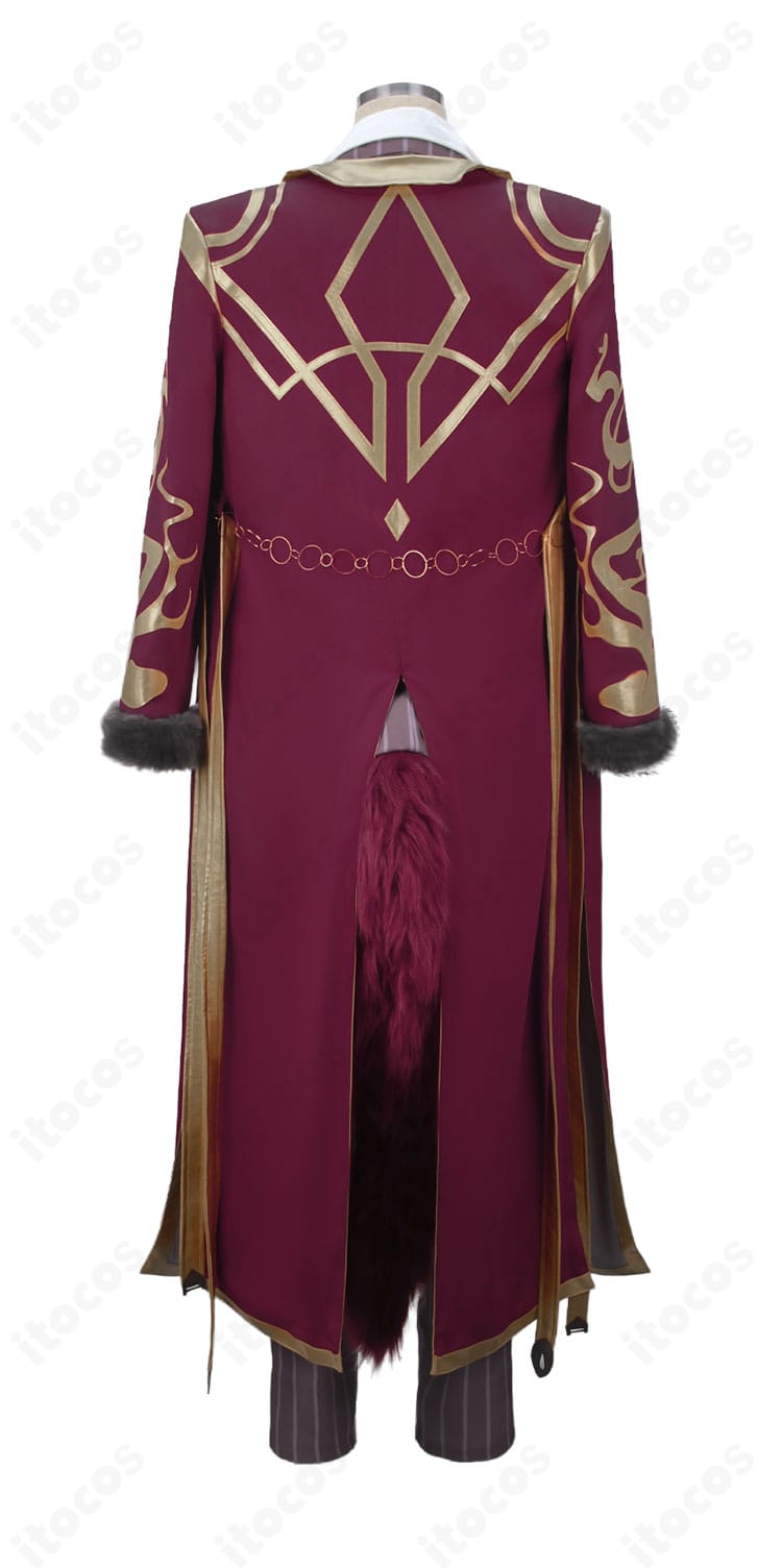 アークナイツ ベッローネ衣装の背面。マントとコートのレイヤー、背肩装飾とベルト取り回しを詳細に表示。