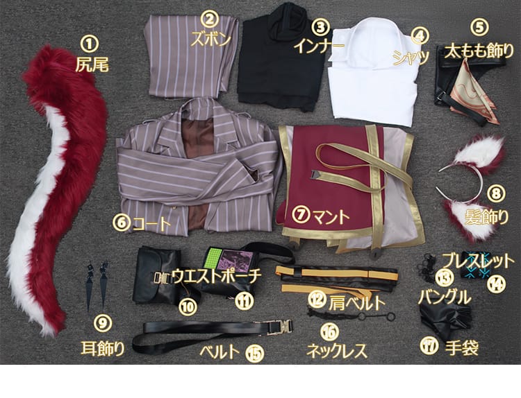 サイズ表記画像。アークナイツ ベッローネ衣装のサイズ範囲XS〜XXXLと計測ガイド。