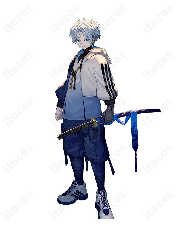 Fate/Grand Order 藤堂平助 第一段階コスプレ衣装一式を正面から撮影。ハリ感のある生地とシャープなシルエット、固定力の高い付属パーツがわかる構図。