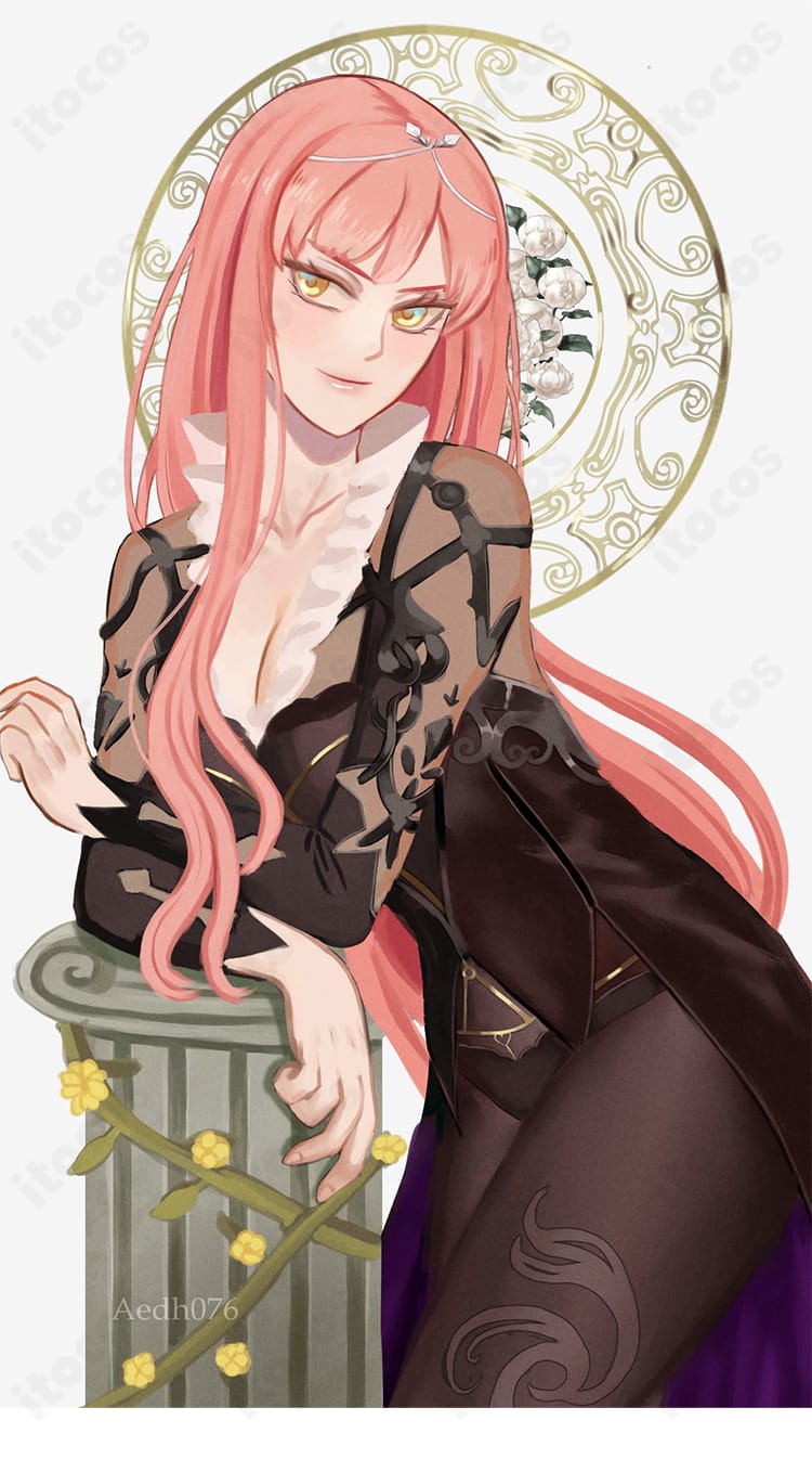 ノクナレア衣装の側面ディテール。縫製ラインと裾の落ち感、薄手生地の通気性が分かる角度の画像。