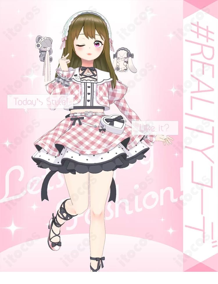 学園風VTuberコスプレ衣装一式の全身イメージ。コート・インナー・Aラインスカートに髪飾り、ベルト、腰飾りを合わせた上品シルエット。