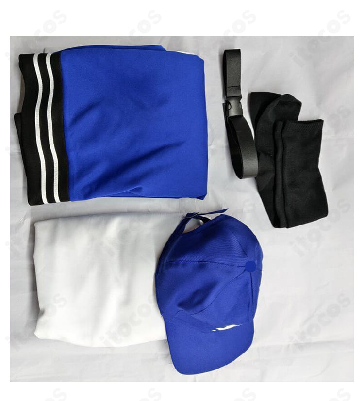 セット内容一式（コート、パーカー、太もも飾り、帽子）を平置きで配置。各パーツのカラーと質感を明確に表示。