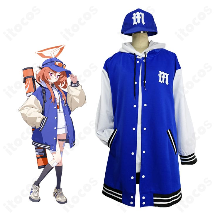 野正レイ（ブルーアーカイブ）コスプレ衣装を着用した全身イメージ。コートとパーカーのレイヤードと高コントラスト配色を強調。