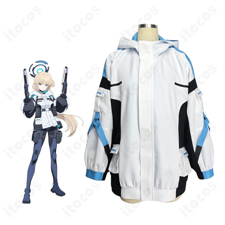 飛鳥馬トキ 臨戦コスプレ衣装のキャラクター着用イメージ。コート、ベルト、ウエストポーチ、レッグポーチの構成が分かる全身画像