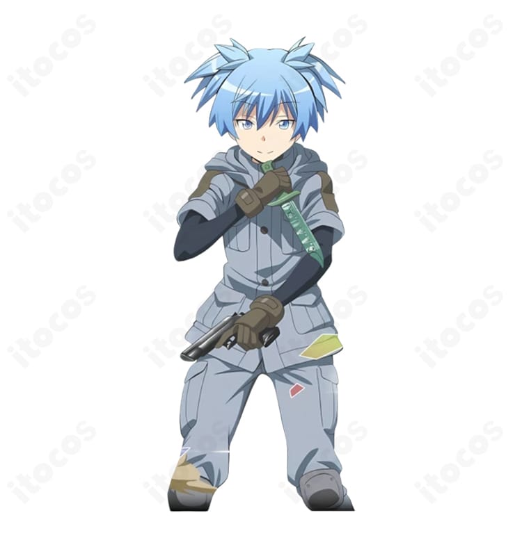 商品コスチュームの正面スタイル写真。前開きコートとシンプルなボトムでシャープなシルエットを表現