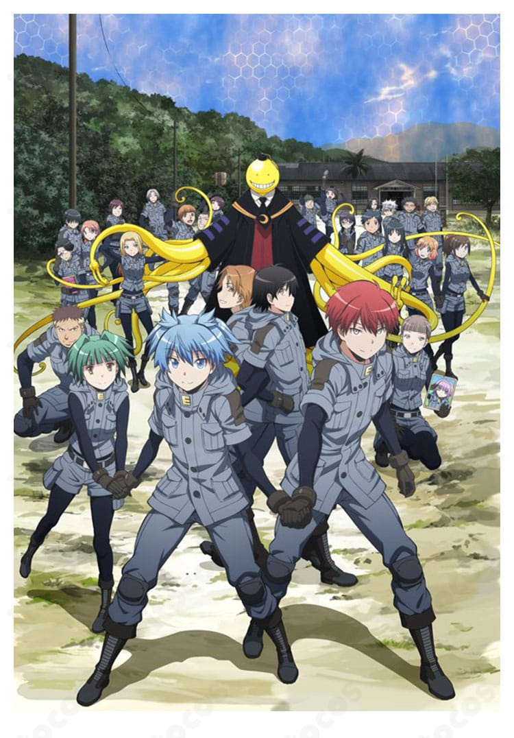 潮田渚と赤羽業の超体育着コスプレ一式を着用した全身イメージカット（コート・ズボン・インナー・ニーパッド・手袋）