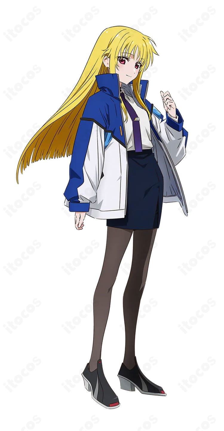 フェイト・T・ハラオウン 学園制服コスプレ一式を着用した全身イメージ写真（コート・シャツ・スカート・ネクタイ・タイツ）