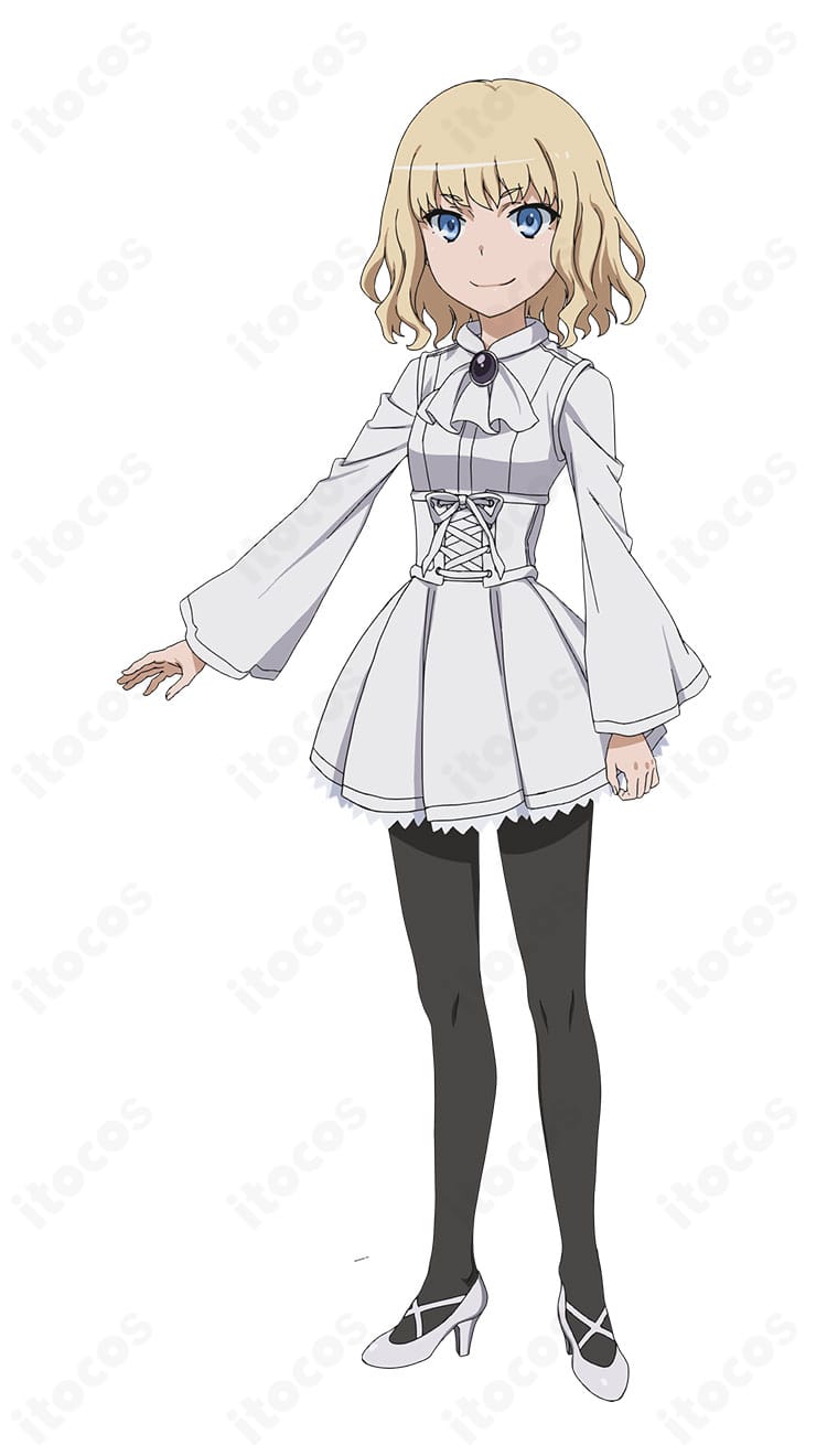 レイヴィニア=バードウェイのキャラクター全身イメージと学園系コスプレ衣装の着用例