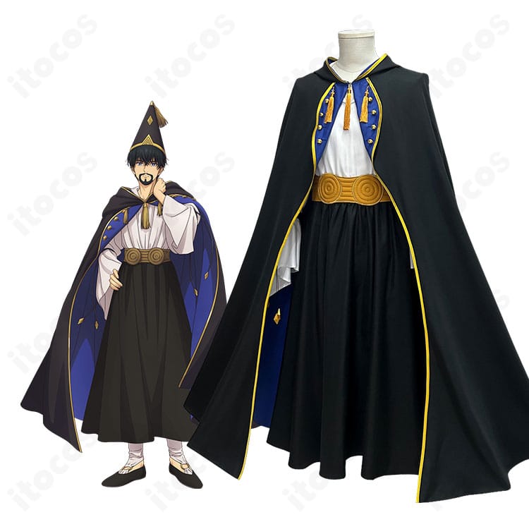 『とんがり帽子のアトリエ』オルーギオのとんがり帽子とダークカラーのマントを着用したコスプレ衣装イメージ