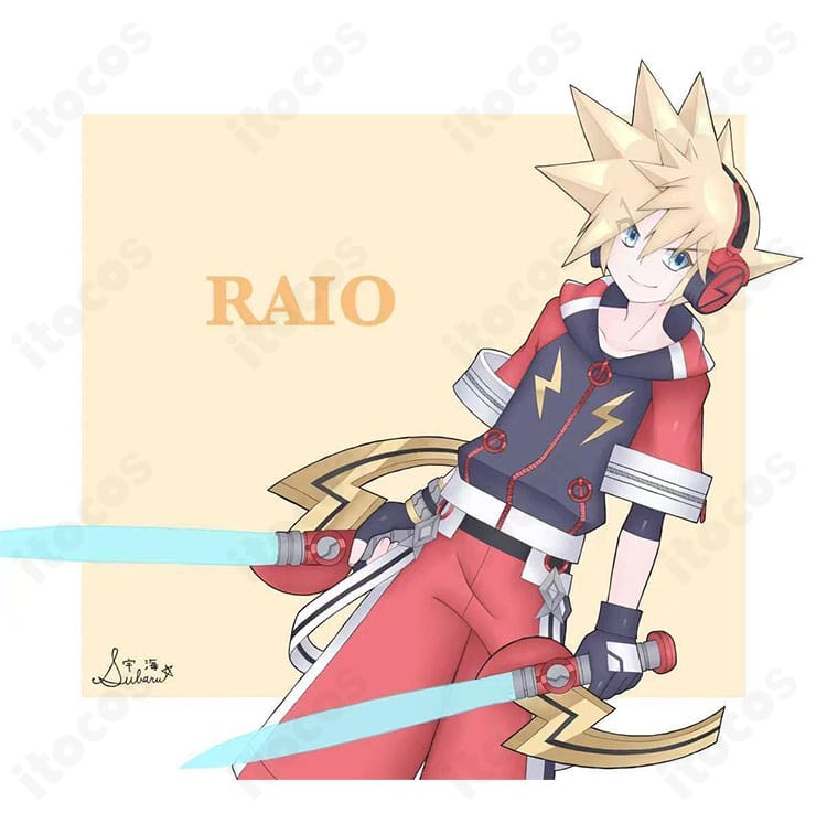 ドラグレイド2 ライオのコスプレ衣装を着用した全身フロントビジュアル。サイバーな直線カッティングとハリ感シルエットがわかる構図。