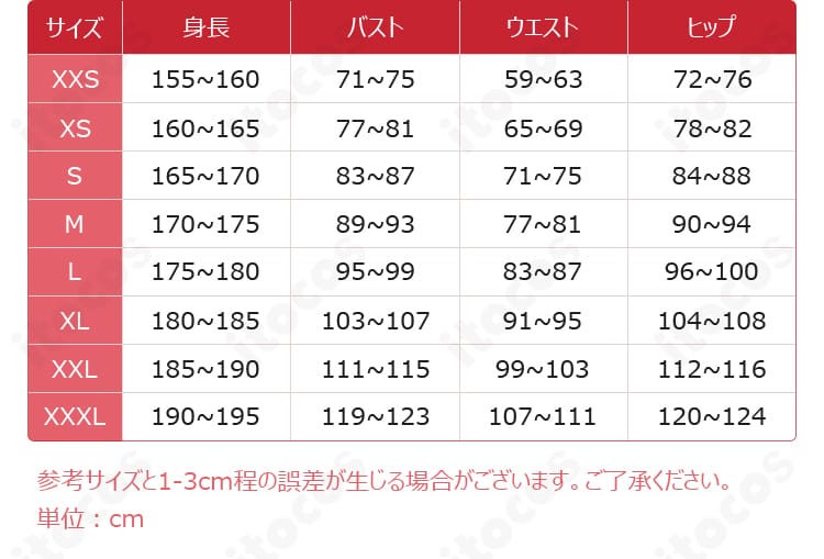 サイズ展開XS〜XXXLを示すサイズ表。各部位寸法の確認用