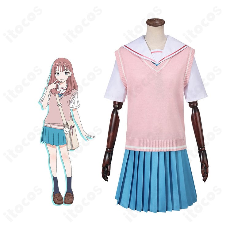 超かぐや姫! 綾紬芦花 制服コスプレ一式を着用した完成イメージ(ピンクベスト×白シャツ×スカート)