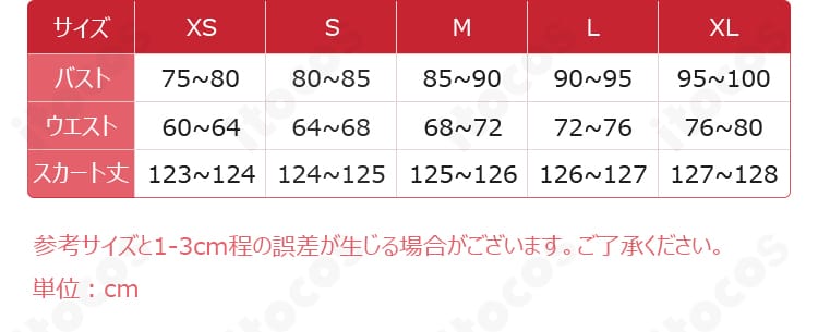 サイズバリエーション表と採寸ガイドの画像