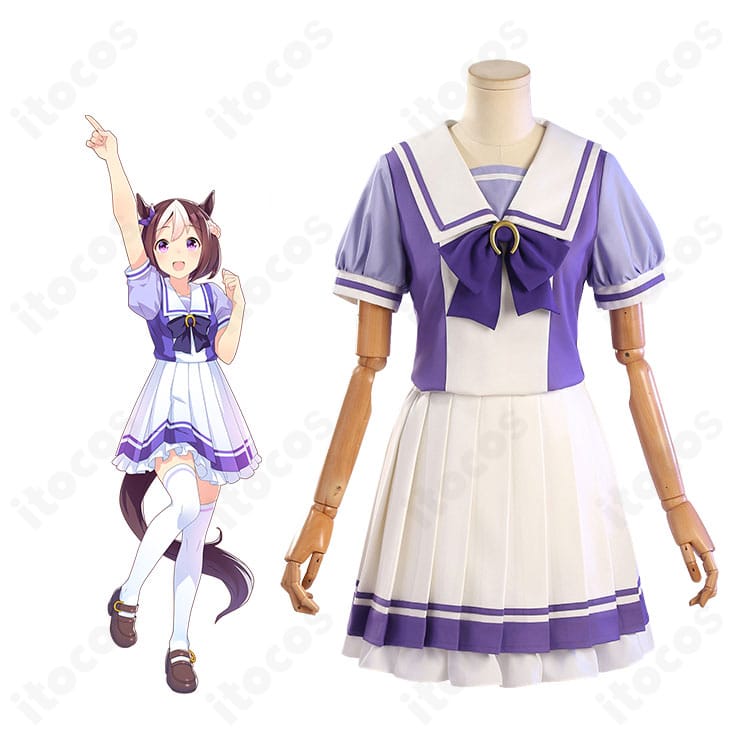 ウマ娘 プリティーダービー トレセン学園 夏服を着用した全身イメージ。白×ブルーの高発色と大きなリボンが映えるコーデ。