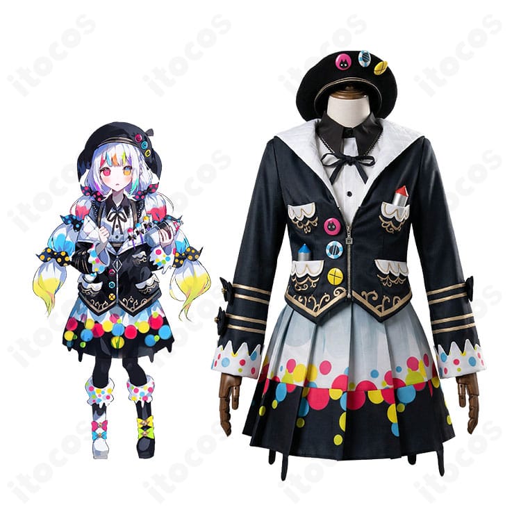 魔法少女ノ魔女裁判 城ケ崎ノア カラフルドット柄コスプレ衣装を着用した全身イメージ