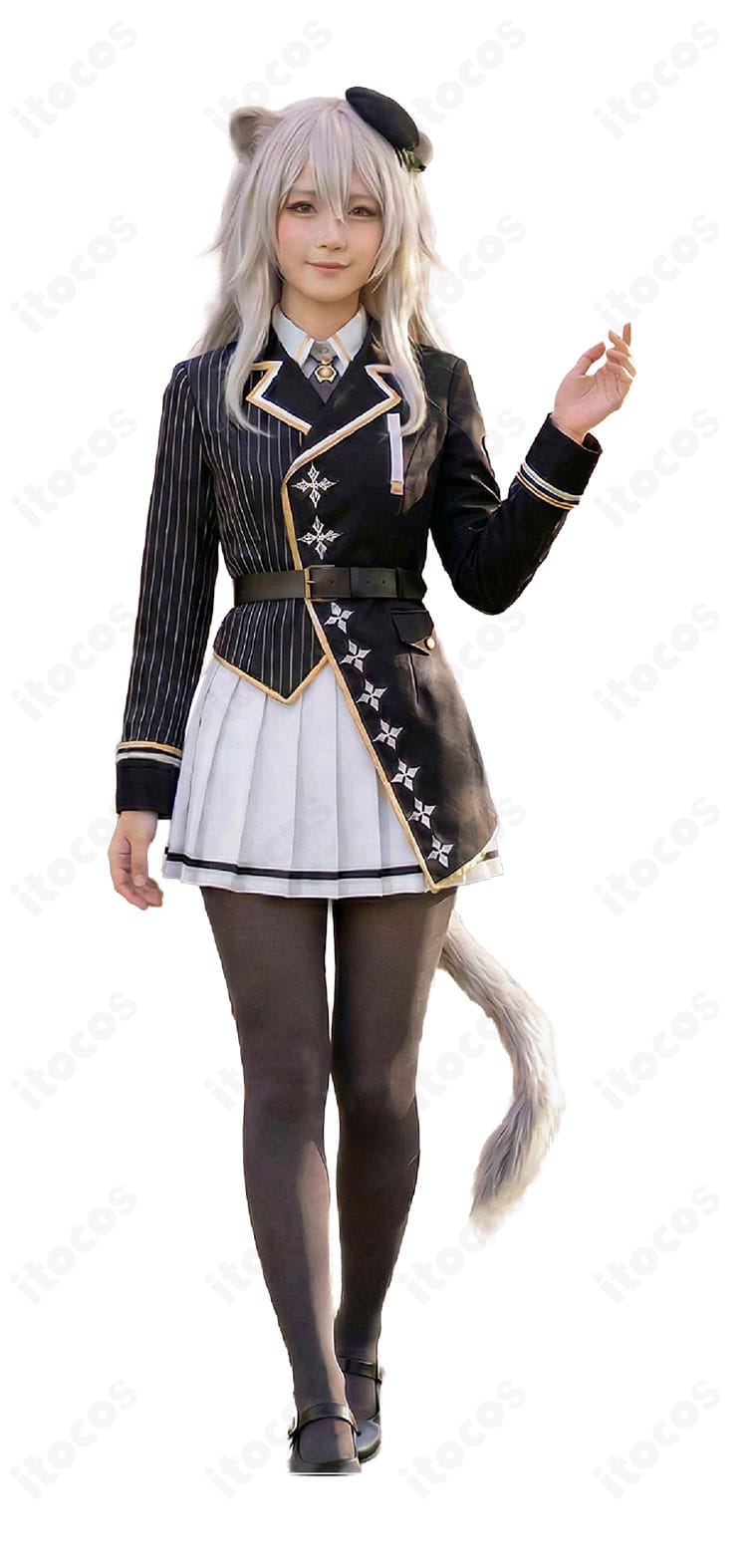 獅白ぼたん 新衣装 制服Ver. コスプレ衣装の正面ディスプレイ(コートとワンピースの高コントラスト配色)