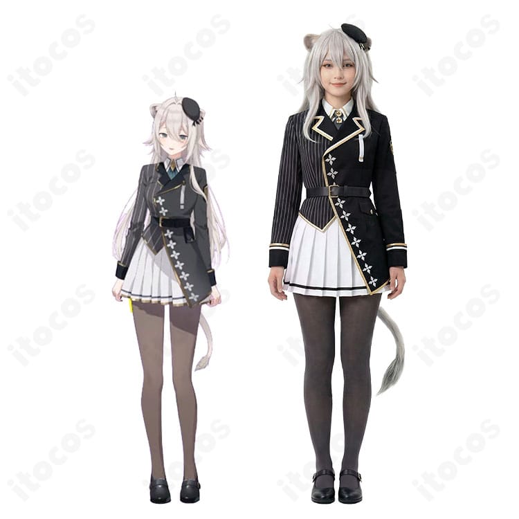 獅白ぼたん 新衣装 制服Ver.のフルセット着用イメージ(正面全身、帽子・コート・ワンピース・ベルト・タイツ・耳を装備)