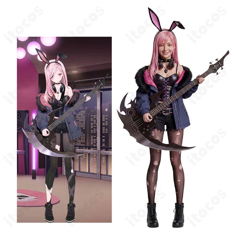 森カリオペのバニー衣装コスプレ一式を着用したイメージカット。コート×ビスチェ×ショートパンツのレイヤーがクール＆セクシーに映える。