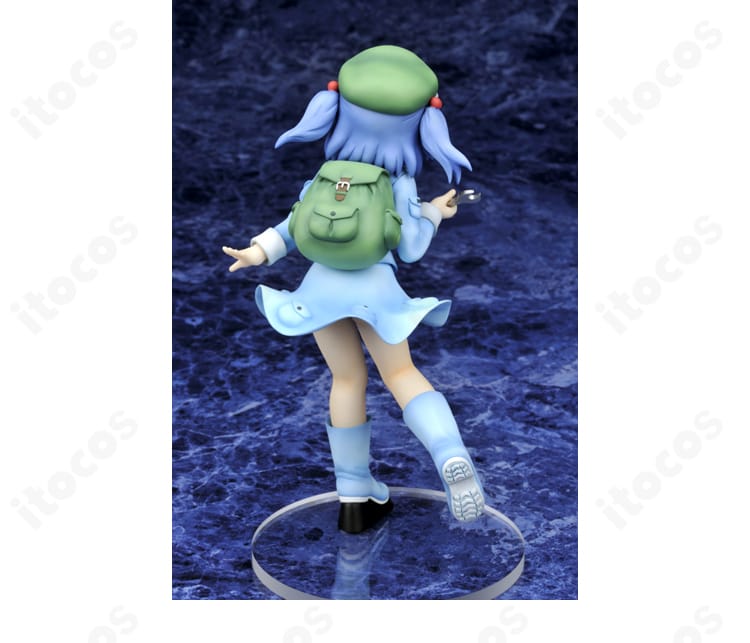 東方Project 河城にとり 通常衣装の背面装備ディテール。河童エンジニアらしい実用的デザインを強調した接写。