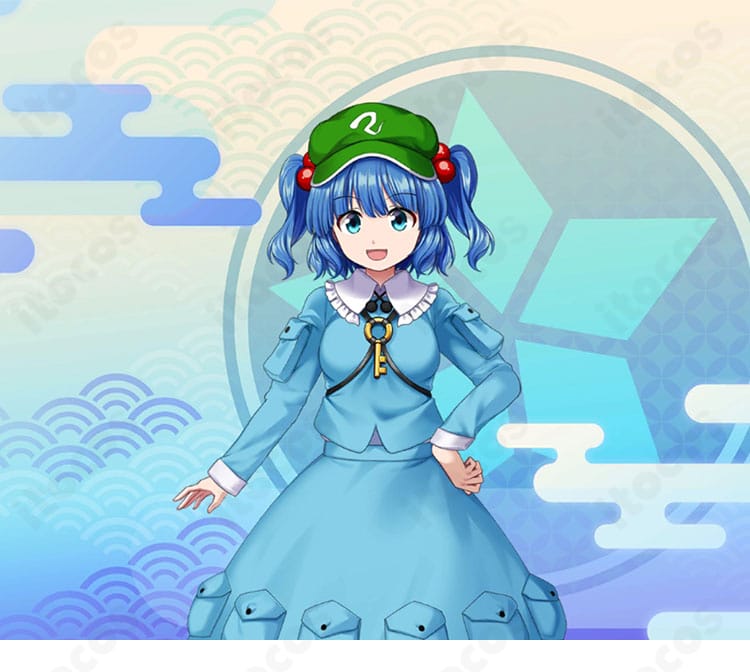 東方Project 河城にとり 通常衣装のフルコーディネート正面カット。ブルー基調の衣装と機能的シルエットを高再現。