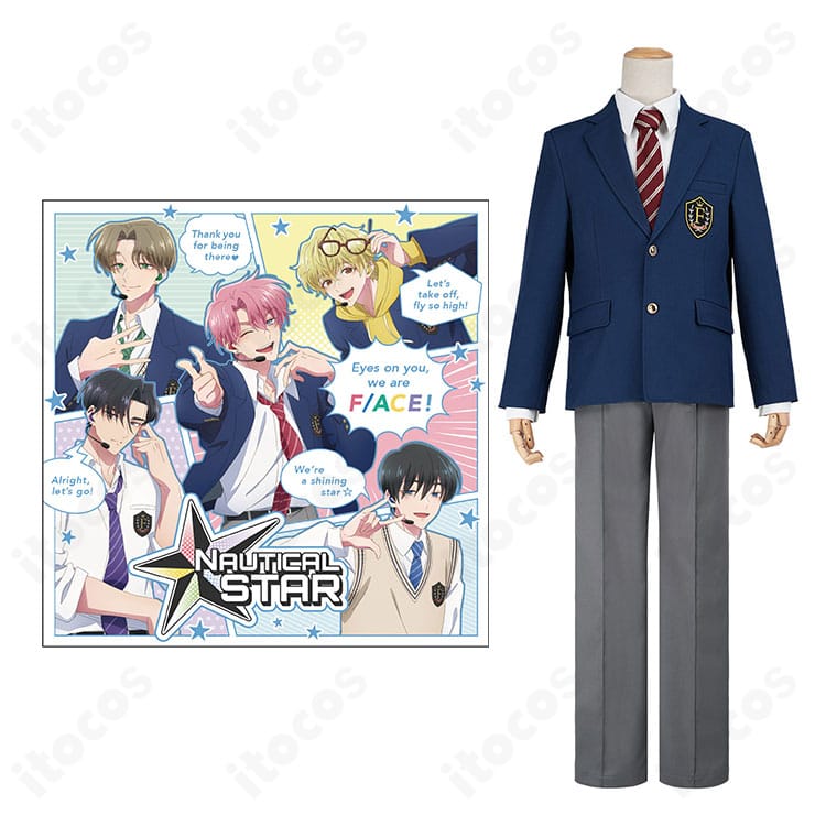 福原多聞 制服Ver.の着用イメージ。F/ACEエンブレム付きブレザーとネクタイでクールに再現。