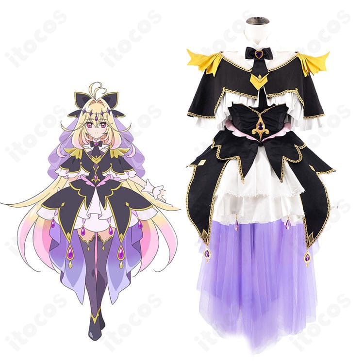 キュアアルカナ・シャドウ変身後コスプレ衣装の全身イメージ。黒基調のケープとスカーフ、額飾り・耳飾りを備えたビジュアル。
