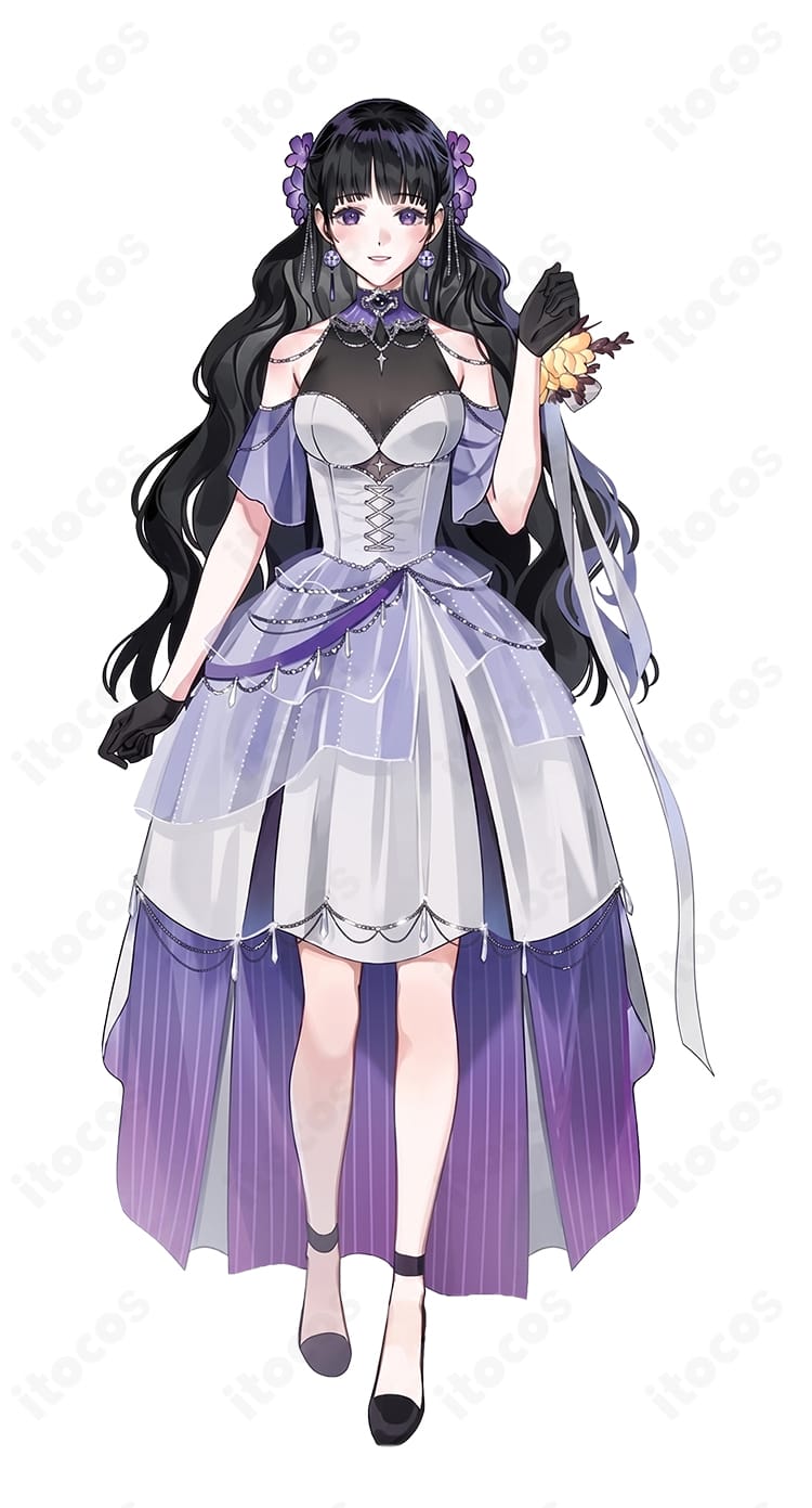 『魔道祖師』江厭離の執事ver.コスプレ衣装を着用したキャラクター全身イメージ。上品なドレス、首飾り、手袋、髪飾りを含むセット。