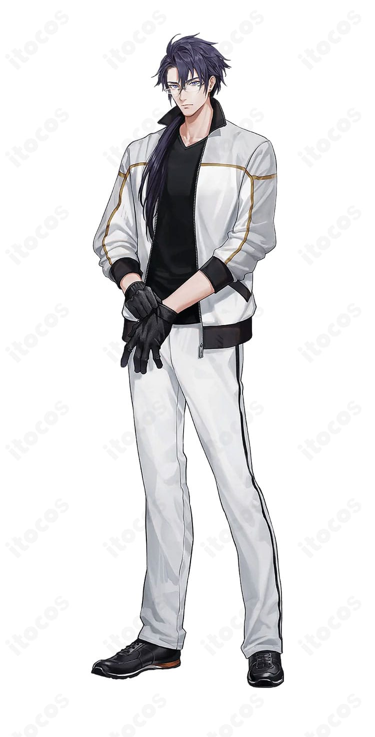 日光一文字 内番服コスプレ一式を着用した全身イメージ。落ち着いた色味のジャージ上下と手袋が確認できる正面カット。