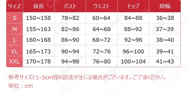 サイズ表記の案内画像。S〜XXLの寸法目安と選び方のガイド