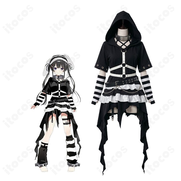 月ノ美兎 セルメイツ囚人服コスプレ一式を着用したイメージ。うさ耳フードと白黒ボーダーが特徴。