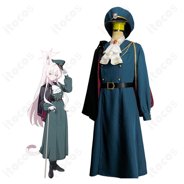 ブルーアーカイブ 清澄アキラ 寮監隊幹部制服を着用した全身イメージ。軍服風ロングコートとマントが凛々しい印象。