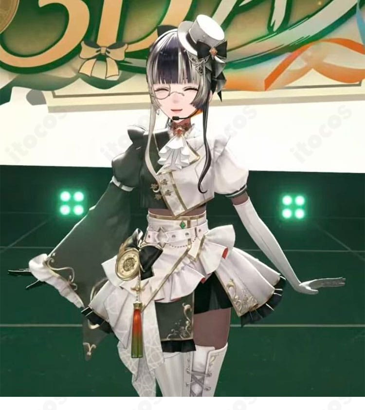 儒烏風亭らでん 新衣装コスプレの正面全身。上品な配色とハリのあるスカートシルエット。