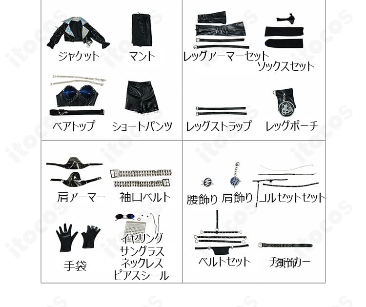 セット内容一式(ジャケット、マント、アーマー、小物)の展開図