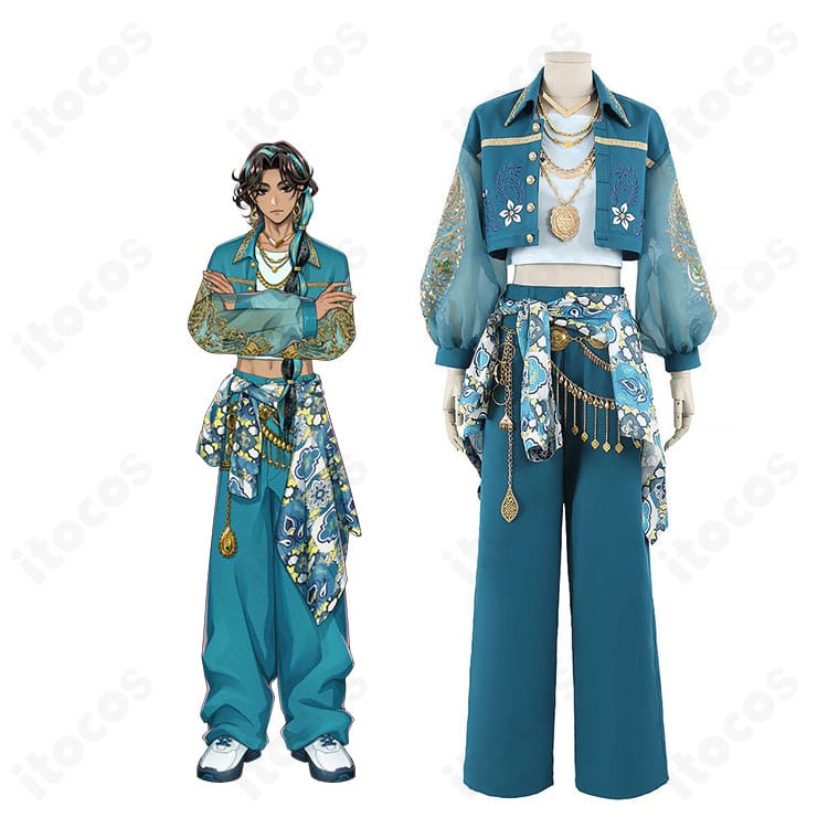 ミナジール・ティラージャのコスプレ衣装を着用した全身イメージ。アラビアン調アクセサリーと高コントラスト配色が映える構成。